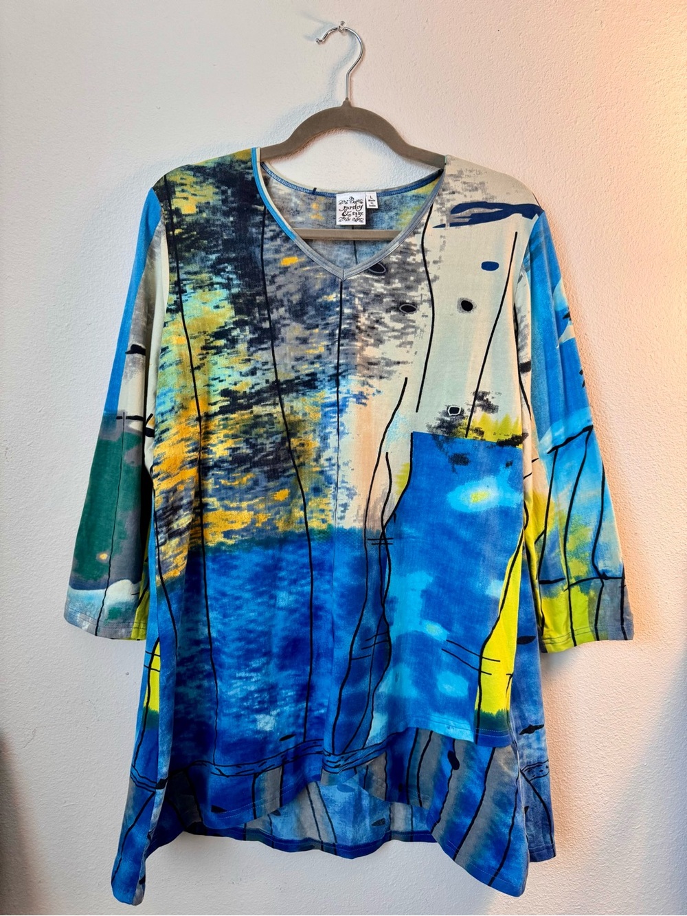 Parsley & Sage Abstract Artistic Print Tunic Top L Blue Yellow